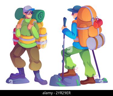 Wandertouristen mit Rucksack und Sonnenbrille reisen in den Bergen. Person zurück in der Sommerwanderung. Outdoor-Aktivität für Mann mit Matte und Stock Stock Vektor