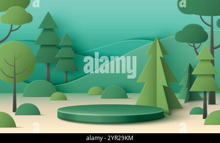 Minimalistische, papiergeschnittene Waldlandschaft mit rundem smaragdgrünen Podium. Sommerwald mit grünen Kiefern, Büschen und Bäumen, sanften Hügeln und pla Stock Vektor