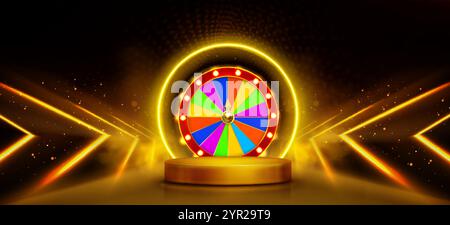 Buntes Casino-Drehrad über goldenem runden Podium mit hellen Neonlaserpfeilen und leuchtenden Ringen auf dunklem Hintergrund. Glücksspiel-Aktionen, l Stock Vektor