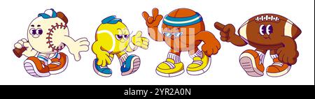 Retro-Sportball-Cartoon-Maskottchen. Grooviger Tennis- und Fußballcharakter im trendigen Stil. Glückliche und positive american Football Comic-Gesichtsdarstellung. Coo Stock Vektor