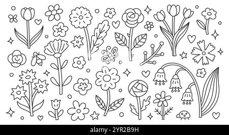 Frühlingsblumen kritzelnd Illustration von Kamille, Rose, Tulpe, Ranunkel, Kornblume, Schmetterling, Marienkäfer. Handgezeichnete, süße, moderne Strichkunst über den Garten Stock Vektor