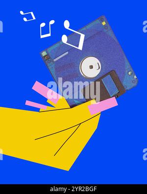 Zeitgenössische Kunstcollage. Gezeichnete, lebendige Hand, die eine Vintage-Scheibe mit schwebenden Musiknoten hält. Y2K farbenfrohes Design. Stockfoto