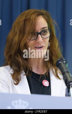 Die Gesundheitsministerin Monica Garcia, während der Einweihung des Welt-AIDS-Tages des Gesundheitsministeriums, am 02. Dezember 2024 in Madrid, Spanien Stockfoto