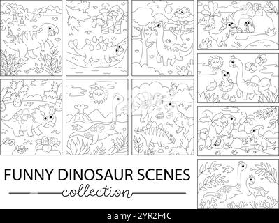 Vektor Schwarz-weiß Dinosaurier vertikale und horizontale Szenen Kollektion Line Dino Landschaft Illustrationspaket für Kinder. Niedliche prähistorische Szenen Stock Vektor