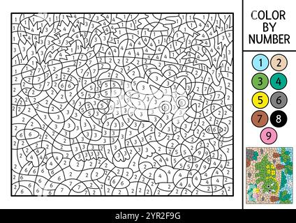 Vektor-Dinosaurier-Farbe nach Anzahl Aktivität mit triceratops, Eiern und Palmen. Prähistorische Landschaftsszene. Schwarz-weiß-Zählspiel mit Ancien Stock Vektor