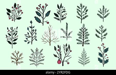 Sammlerset aus Fichten, Kiefern und anderen Pflanzenzweigen mit Blättern und Beeren, traditionelle natürliche Weihnachts- und Weihnachtsdekorationen isoliert auf wh Stock Vektor