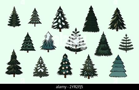 Mit Weihnachtsbäumen besetzt. Immergrüne Bäume in verschiedenen Versionen. Weihnachtsbäume. Vektor-Zeichentrickillustration, zum Erstellen von Postkarten, Postern Stock Vektor