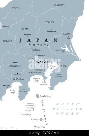 Kanto-Region in Japan, graue politische Karte. Geografische Region der Insel Honshu, einschließlich Großraum Tokio. Stockfoto