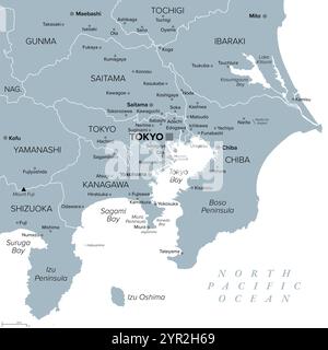 Tokio Major Metropolitan Area, graue politische Karte der japanischen Hauptstadtregion auf der Insel Honshu. Karte mit Itto Sanken. Stockfoto