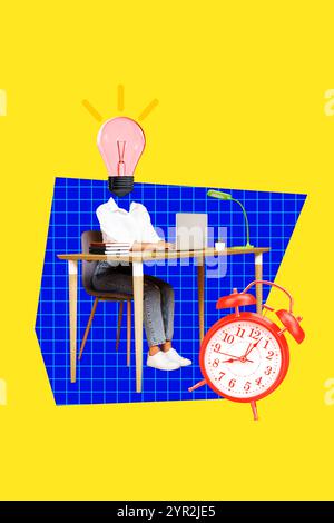 Composite Trend Artwork Skizze Bild Collage der kopflosen jungen Dame sitzen Tisch Student Idee Lampe Uhr Zeit Deadline kreative Arbeit Laptop. Stockfoto