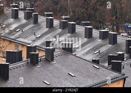 München, Deutschland. Dezember 2024. Schornsteine auf Dächern alter Mietshäuser in München? Quelle: dpa/Alamy Live News Stockfoto