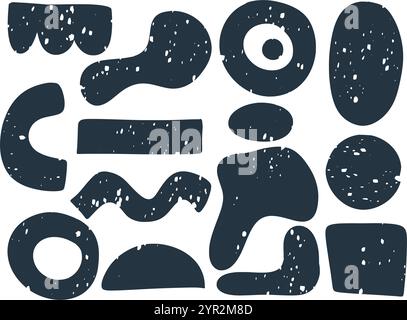 Set aus schwarzen Grunge-Formen auf weißem Hintergrund. Sammlung von Bürstenstempeln. Paket mit strukturierten Effekten. Körnige Oberfläche, grafische Designelemente, Vektor Stock Vektor