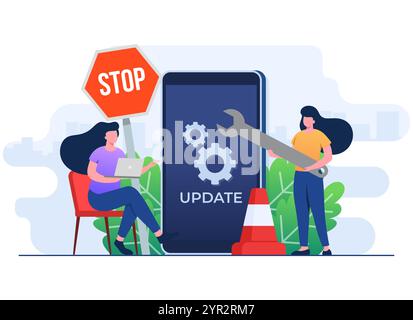 Systemwartung, Fehler, Fehlerbehebung, Geräteaktualisierung, Abbildung des Softwaresystems unter Wartungsvektorgrafik, Softwareaktualisierungsprozess bei Rechen Stock Vektor