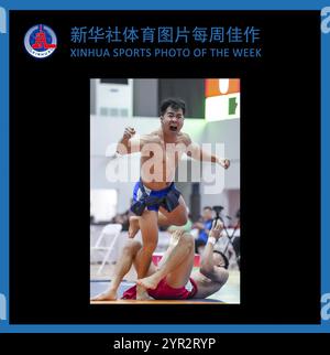 (241202) -- PEKING, 2. Dezember 2024 (Xinhua) -- XINHUA SPORTFOTO DER WOCHE (vom 18. November bis 1. Dezember 2024) ÜBERMITTELT am 2. Dezember 2024. Yu Zejun (Top) von Jilin feiert während des 74 kg schweren ethnischen Ringen-Spiels bei den 12. Nationalen traditionellen Spielen ethnischer Minderheiten Chinas in Sanya, südchinesischer Provinz Hainan, 27. November 2024. (Xinhua/Hu Chao) Stockfoto