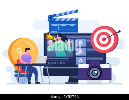 Menschen, die Videoinhalte erstellen, für Marketing, Werbung, E-Commerce, digitales Marketing, Inhaltsstrategie, Blogging, Blog, Vlog, Influencer Marketing, Stock Vektor
