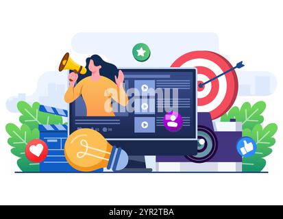 Video Advertising Concept Flat Illustration, Video Marketing, Digital Marketing, Social Media Marketing, Business Promotion, E-Commerce, Influencer mA Stock Vektor