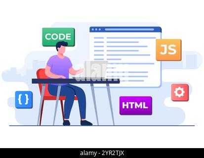 Webentwickler Verdrahtungscode oder -Programm mit Laptop, Computerprogrammierung, Java, HTML-Symbole, Webdesign, Software, Anwendungsdesign, lan-Programmierung Stock Vektor