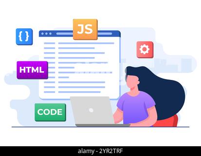 Webentwickler Verdrahtungscode oder -Programm mit Laptop, Computerprogrammierung, Java, HTML-Symbole, Webdesign, Software, Anwendungsdesign, lan-Programmierung Stock Vektor