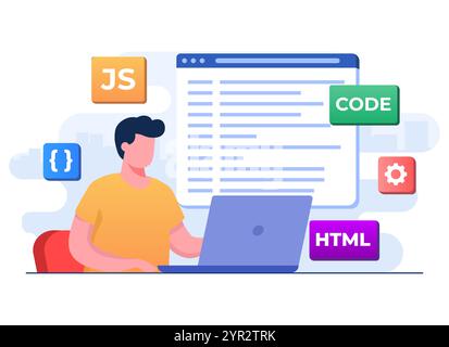 Webentwickler Verdrahtungscode oder -Programm mit Laptop, Computerprogrammierung, Java, HTML-Symbole, Webdesign, Software, Anwendungsdesign, lan-Programmierung Stock Vektor