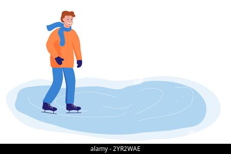 Winter-Vektor-Illustration mit einem glücklichen warm gekleideten Mann, der auf einem gefrorenen Teich Schlittschuhlaufen läuft Stock Vektor