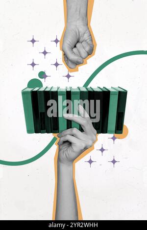 Collage 3D-Bild von Pin-up Pop Retro-Skizze von Hand halten Buch lesen Literatur Shopping Plakatwand Comics Zine minimal Stockfoto