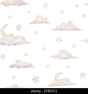 Nahtloses Muster mit Sternen und Wolken im Kinderzimmer. Hintergrund mit Himmel und Halbmond in pastellbeigen und neutralen gelben Farben. Hintergrund für kindliche Tapeten oder Babytextilien. Stockfoto