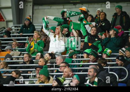 Cardiff, Großbritannien. November 2024. Irische Fans beim Qualifikationsspiel zur UEFA Women's Euro 2025 zwischen Wales und der Republik Irland im Cardiff City Stadium in Cardiff, Wales. (B. East/SPP) Credit: SPP Sport Press Photo. /Alamy Live News Stockfoto