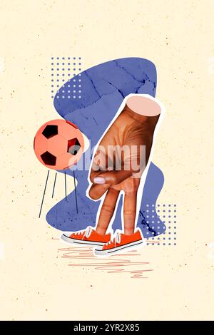 Skizzenbild Trend Artwork Montage 3D Foto Collage der riesigen Hand anonyme Körpersprache Stand zwei Finger Ball Fußball Socker Spiel Stockfoto