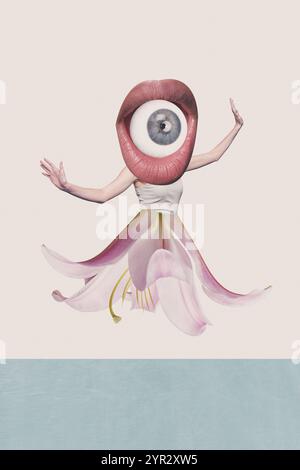 3D Fotocollage Trend Skizze Vorlage Artwork des Surrealismus Bild junge Frau Fliege Blume Körper kopflos Mund offene Augen Uhr abstrakt Stockfoto