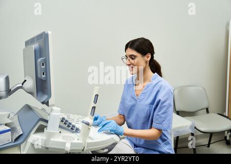 Ein Gynäkologe im Labormantel führt Diagnostik in einer modernen Frauenklinik durch. Stockfoto