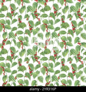 Aquarellverflechtetes nahtloses Muster von Klettern aromatischen Pfefferzweigen. Schwarzer Pfeffer in verschiedenen Reifestadien und grüne Blätter Stockfoto