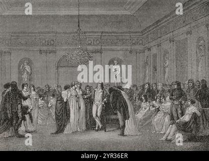 Teresa Cabarrús (Juana María Ignacia Teresa Cabarrús Galambert), bekannt als Madame Tallien (1773–1835). Spanische Dame, Geliebte und spätere Ehefrau des französischen Politikers Jean-Lambert Tallien (1767–1820). Der Salon von Madame Tallien, 1795. Eine Abendparty im revolutionären Paris. Gravur von Gusman. "Geschichte der Französischen Revolution". Band I, Teil 2, 1879. Stockfoto