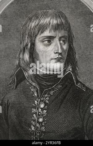 Napoleon I. Bonaparte (1769-1821). Konsul auf Lebenszeit (1802) und Kaiser der Franzosen (1804-1815). Hochformat. Zeichnung von Viollat. Stich von Pannemaker. Details. "Geschichte der Französischen Revolution". Band I, Teil 2, 1879. Stockfoto