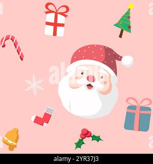 Weihnachten nahtloser Musterhintergrund, mit niedlichem Cartoon des Santa Claus Kopfes, Ornament, Weihnachtsbaum, Zuckerstangen, Schneeflocke, Geschenkbox, Glocke, Socke Stock Vektor