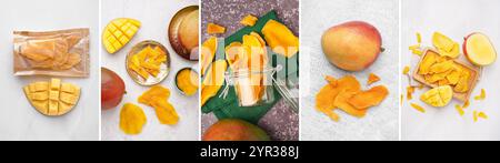 Collage aus süßer getrockneter Mango, Draufsicht Stockfoto