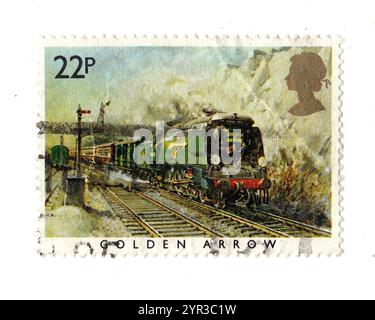 Eine alte berühmte Trains Briefmarke aus Großbritannien mit dem Goldenen Pfeil. Stockfoto