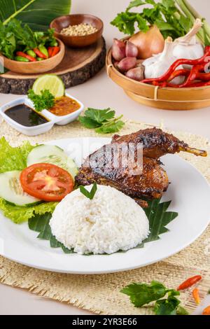 Bebek Bakar oder gebratene Ente mit Sambal Terasi, ein traditionelles Essen aus Indonesien typisch für West-Java. Dieses Essen wird mit Reis, Gurke, Tomate serviert Stockfoto