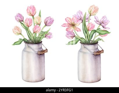 Pastell mehrfarbige Knospen Bouquet Tulpen in Metall Dose Aquarell Illustration isoliert auf Hintergrund. Handgezeichnet zarte mehrjährige Knollenrosa Gelb Stockfoto