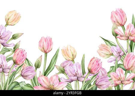 Rechteckiger Rahmen mit hellen Tulpen in Pastellrosa und offenen Knospen für Grußkarte „Hello Spring“. Handgezeichnete Aquarellillustration zarte Staude Stockfoto