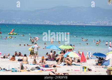 Eindrücke vom Strand in Playa de Palma auf der Insel Mallorca zur Hauptsaison im Sommer 2024 - Strandabschnitt in S ArenalMittelmeerinsel Mallorca während der Hauptsaison im Juli 2024, Palma Mallorca Spanien Playa de Palma Stockfoto