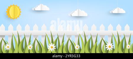 Eine fröhliche und lebendige Illustration, die einen sonnigen Tag mit üppigem grünem Gras und flauschigen weißen Wolken über sich zeigt Stock Vektor
