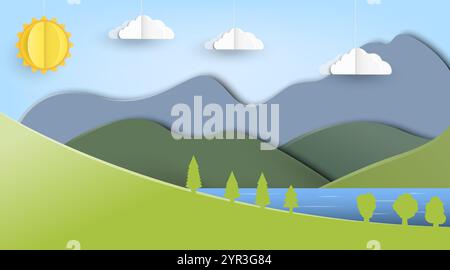 Eine herrlich lebendige, papercut-Stil-Landschaft mit majestätischen Bergen, einem fließenden Fluss und der strahlenden Sonne Stock Vektor