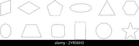 Gepunktete Rahmen mit einfachen gestrichelten Linien. Rechteckige und runde Umrisselemente für Coupon- oder Etikettenformen. Illustration des flachen Vektors isoliert auf weiß Stock Vektor
