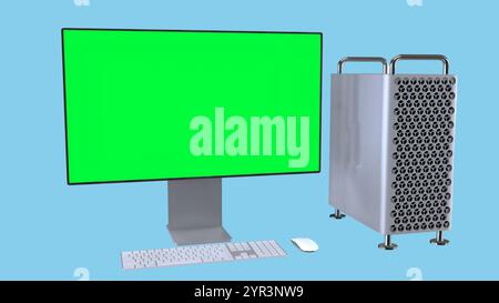 Ein Computer-Setup mit Monitor, Tastatur, Maus und Hochleistungs-Tower. Stockfoto