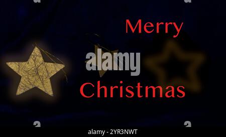 Frohe Weihnachten in Rot auf schwarzem Hintergrund. Goldene Sterne. Stockfoto