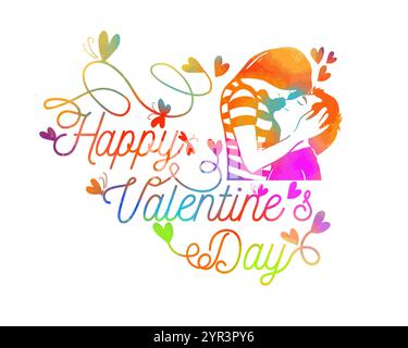 Paare küssen farbig. Happy Valentine's Day Card. Handgezeichnet. Nicht AI, Vektorillustration. Stock Vektor