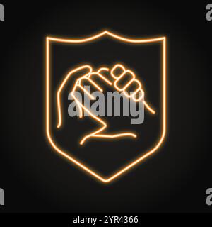 Symbol für vertrauenswürdiges Neon. Partnerschaft, Vereinbarung. Zwei schüttelnde Hände in einem Schild. Vektorabbildung Stock Vektor