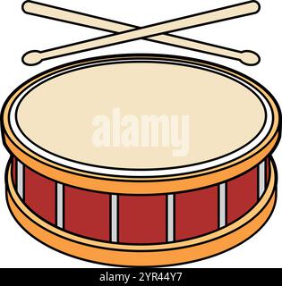 Trommel und hölzerne Drumsticks in flachem Stil. Ein Musikinstrument, eine Schlagzeugmaschine. Die Trommel ist rund. Eine Illustration des flachen Vektors, die auf dem Hintergrund isoliert ist Stock Vektor