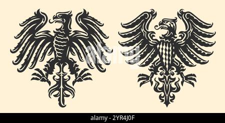 Der Wappenadler spreizte Flügel, Wappen. Dekoratives Raubtier-Emblem. Vektorabbildung Stock Vektor