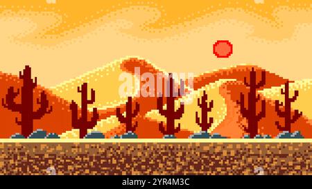Kakteen und Berge in der Wüste. Pixel Art 8-Bit-Objekte. Hintergrund im Querformat für die Anwendung oder eine Website. Retro-Spielelemente. Vintage-Computer Stock Vektor